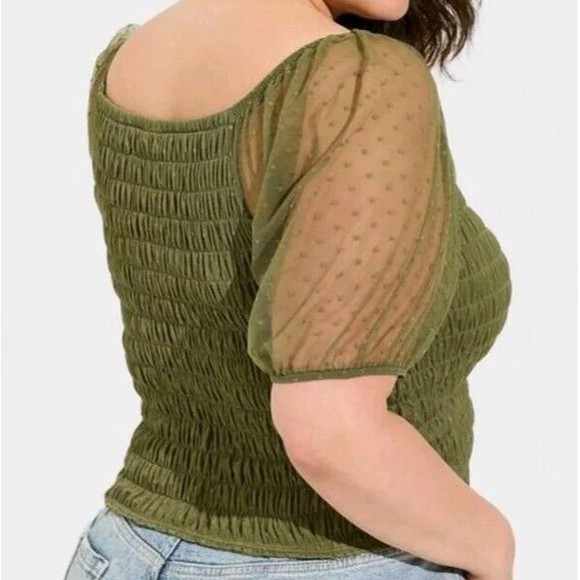 Torrid Women Plus Sz 3X Green Dot Mesh Square Neck Smocked Crop Top Puff Sleeve - Picture 1 of 7
